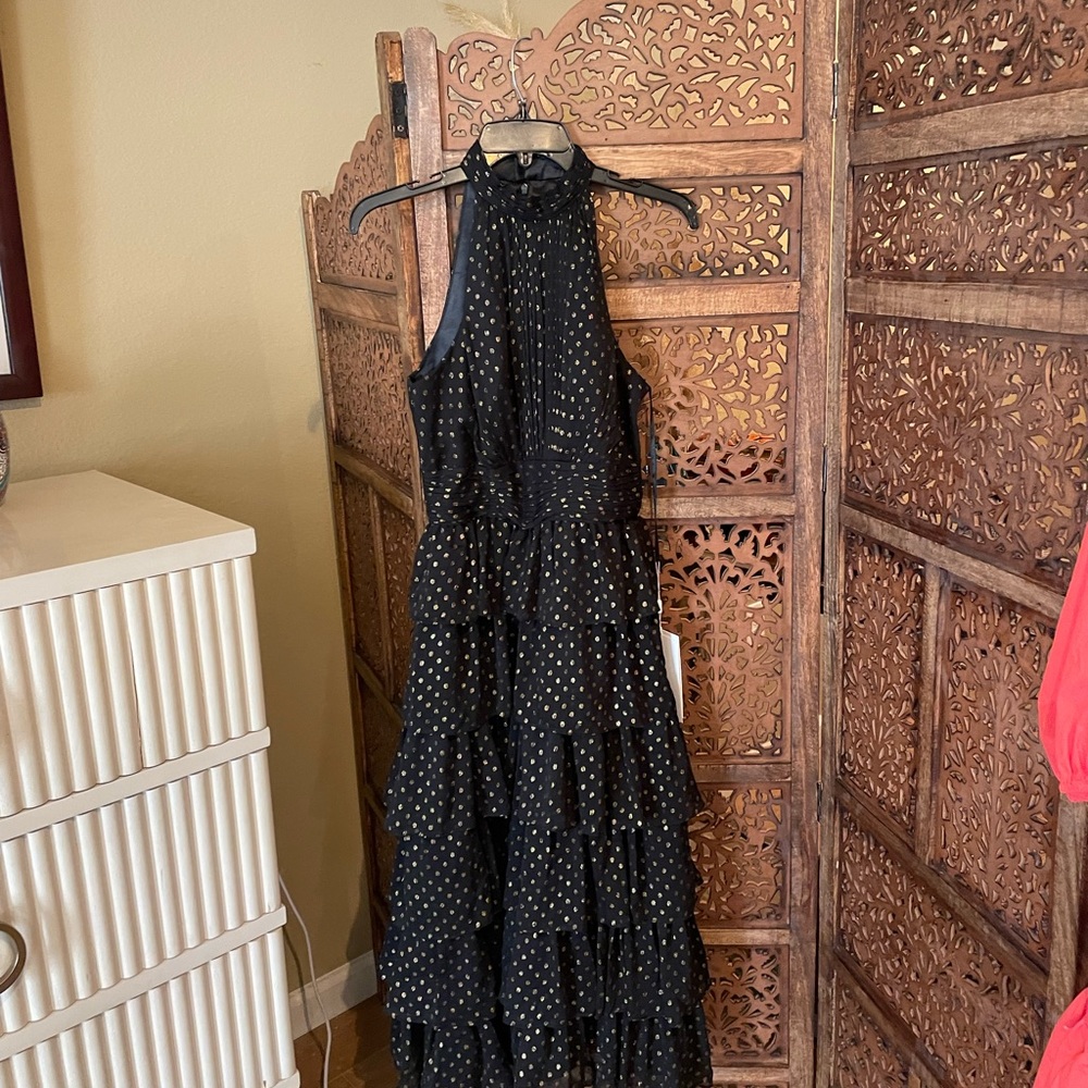 Mac Duggal Black Tiered Polka Dot Midi Dress - Picture 5 of 5